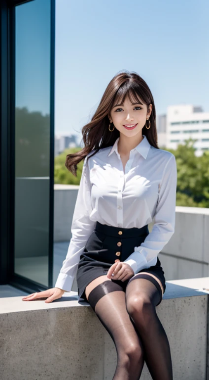 (8K, Best quality, masutepiece:1.2), (Realistic, Photorealsitic:1.37), Ultra-detailed, 1 girl, full body Esbian, Outdoors, (Adjust hair:1.5) Office Lady, Black office blazer, officeskirt, (Pantyhose black stockings:1.2), (Short button-down shirt:1.2), Prim...