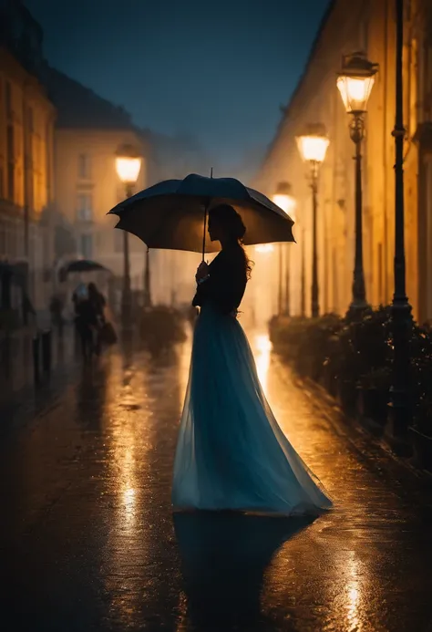 Frau im engen Kleid mit Regenschirm iin der Hand, in einer nebligen Stadt, ein Bild von Kuno Veeber, Gewinner des Pixabay-Wettbewerbs, Konzeptkunst, Im Regen stehen, schwarze Silhouette, mysterious woman, pretty girl, das im Regen steht, Einzelperson mit R...