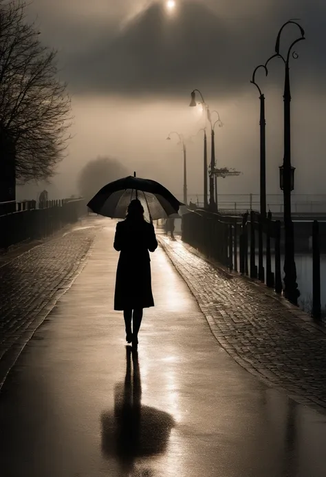 Frau im engen Kleid mit Regenschirm iin der Hand, in einer nebligen Stadt, ein Bild von Kuno Veeber, Gewinner des Pixabay-Wettbewerbs, Konzeptkunst, Im Regen stehen, schwarze Silhouette, mysterious woman, pretty girl, das im Regen steht, Einzelperson mit R...