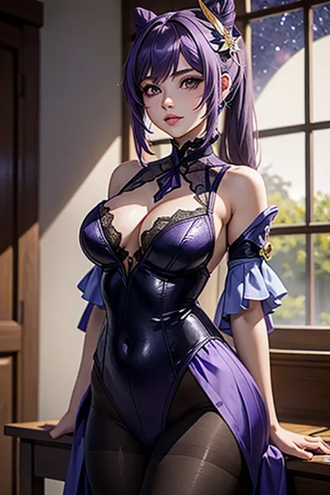 A girl, Keqing , Genshin Impact, blushing face , Purple lace bodysuit, Porte-jartelle violet, bas violet, purple lace stockings, Sexy Underwear, (Best quality:1.1), (Masterpiece:1.4), 1fille, (cheveux volumineux)+ , ((cheveux longs))++, cheveux longs , (Ye...