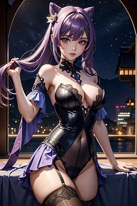 A girl, Keqing , Genshin Impact, blushing face , Purple lace bodysuit, Porte-jartelle violet, bas violet, purple lace stockings, Sexy Underwear, (Best quality:1.1), (Masterpiece:1.4), 1fille, (cheveux volumineux)+ , ((cheveux longs))++, cheveux longs , (Ye...