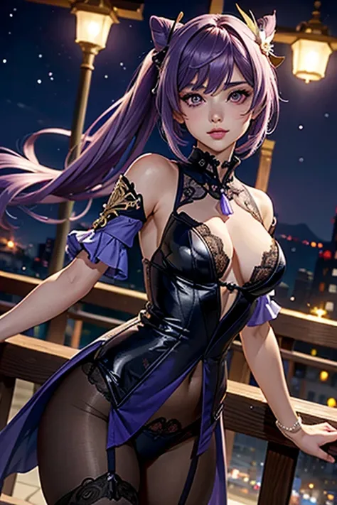 A girl, Keqing , Genshin Impact, blushing face , Purple lace bodysuit, Porte-jartelle violet, bas violet, purple lace stockings, Sexy Underwear, (Best quality:1.1), (Masterpiece:1.4), 1fille, (cheveux volumineux)+ , ((cheveux longs))++, cheveux longs , (Ye...