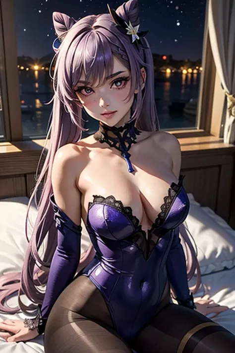 A girl, Keqing , Genshin Impact, blushing face , Purple lace bodysuit, Porte-jartelle violet, bas violet, purple lace stockings, Sexy Underwear, (Best quality:1.1), (Masterpiece:1.4), 1fille, (cheveux volumineux)+ , ((cheveux longs))++, cheveux longs , (Ye...