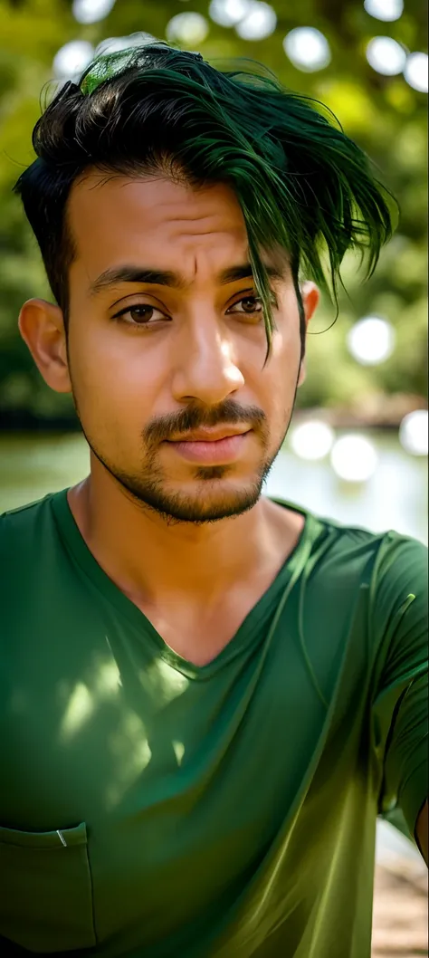 arafed man looking out over a river with a green shirt, amidst nature, distant thoughtful look, candid picture, profile pose, lost in thought, candid photography, assamese aesthetic, very artistic pose, looking into the distance, shot on nikon z9, casual p...