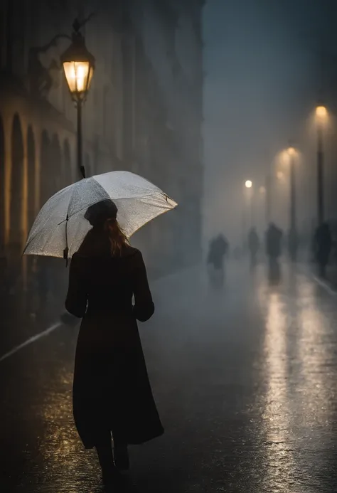 Frau im engen Kleid mit Regenschirm iin der Hand, in einer nebligen Stadt, ein Bild von Kuno Veeber, Gewinner des Pixabay-Wettbewerbs, Konzeptkunst, Im Regen stehen,  mysterious woman, pretty girl, das im Regen steht, Einzelperson mit Regenschirm, frau ((s...