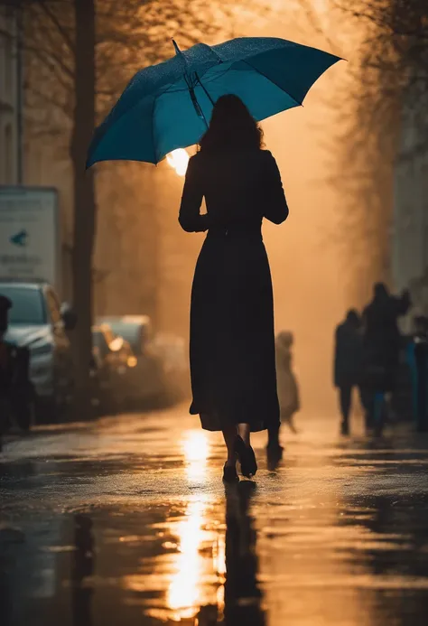 Frau im engen Kleid mit Regenschirm iin der Hand, in einer nebligen Stadt, ein Bild von Kuno Veeber, Gewinner des Pixabay-Wettbewerbs, Konzeptkunst, Im Regen stehen,  mysterious woman, pretty girl, das im Regen steht, Einzelperson mit Regenschirm, frau ((s...