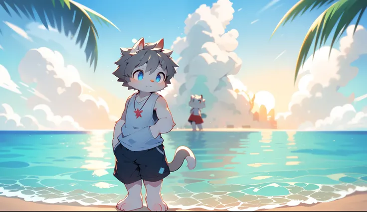 Libido boy，puberty，Furry cat, Gray hair，Red and blue pupils, Very good figure, Handsome，adolable, Light：Hazy light and shadow, Reflective skin，((Sleeveless clothes)) ，((beachside，sandbeach，shoreline，solo person))，the sunset，((the detail))，（depth of fields）...