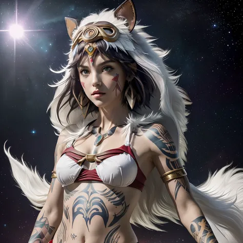 (Realistic, masterpiece, ethereal, cosmic, mirror colors background, vivid light pyramids, refracting light, surreal aesthetic, cinematic lighting), (1female, princess mononoke wearing red and gold headdress, beautiful eyes, perfect face, perfect nose, per...