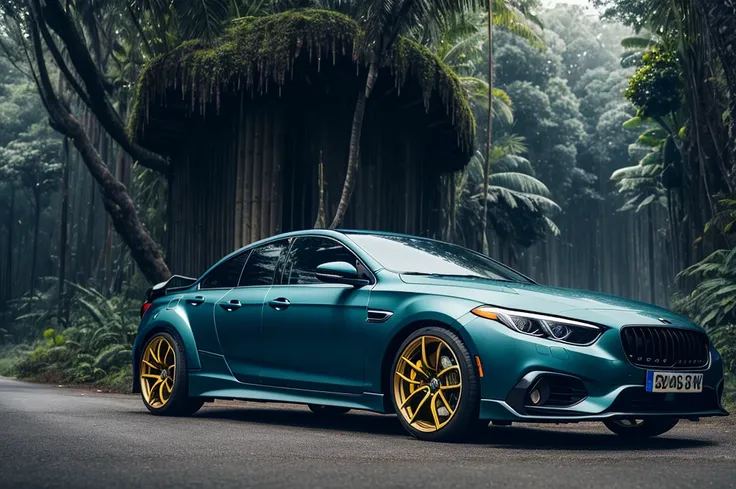 Black car, yellow rims, fast speed, long road, jungle background