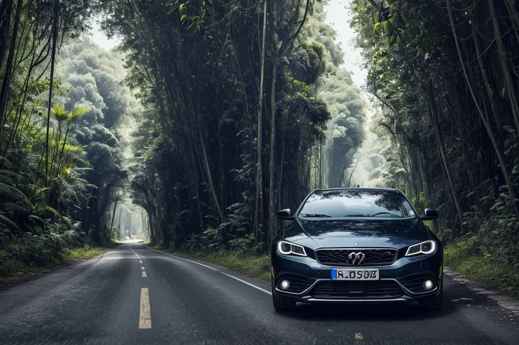 Black car, yellow rims, fast speed, long road, jungle background