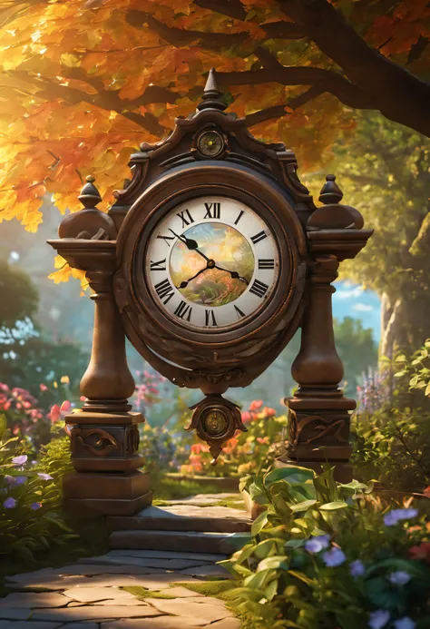 In a tranquil garden, a exquisite garden clock hangs high on a tree branch. The clock is adorned with intricate patterns and colorful stained glass. The sunlight filters through the leaves, casting dappled shadows on the clock. The garden is filled with an...