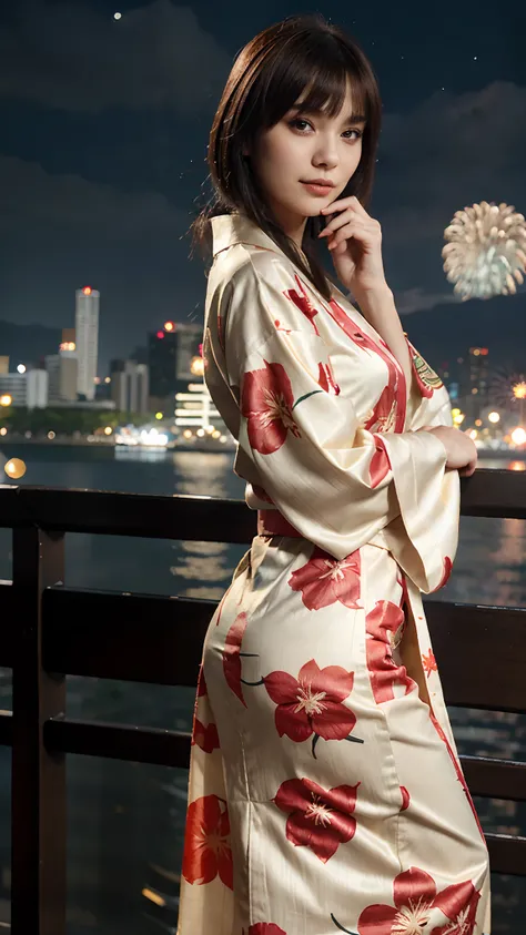 a young woman, slim, smirk:0.4, hand on face, blunt bangs, wearing long Kimono with leaf petal as design, masterpiece, top quality, 3/4 frame, night city as background, bokeh , fireworks, night