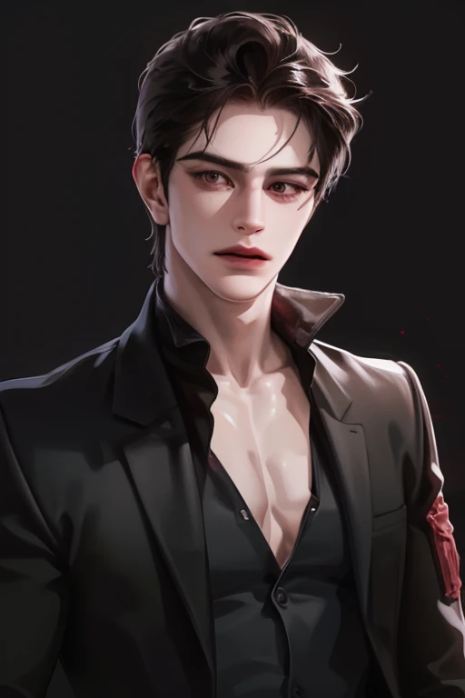 photography of a sexy man, a solo man, (((man))), ((masculine face)), 30 years old, vampire, bad boy, handsome, realistic, (red eyes), expressive look, black hair, long bangs, rose pale lips, (((dark background))), (((city backgtound))), shine hair, angula...