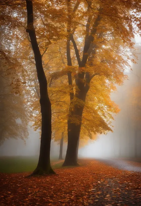 in einer nebligen Stadt, colorful autumn leaves on the street, ein Bild von Kuno Veeber, Gewinner des Pixabay-Wettbewerbs, Konzeptkunst, Im Regen , ((neblig)) und regnerisch,  Bild mit Schatten, in einer regnerischen Umgebung, Regenwetter, Rainy roads in t...