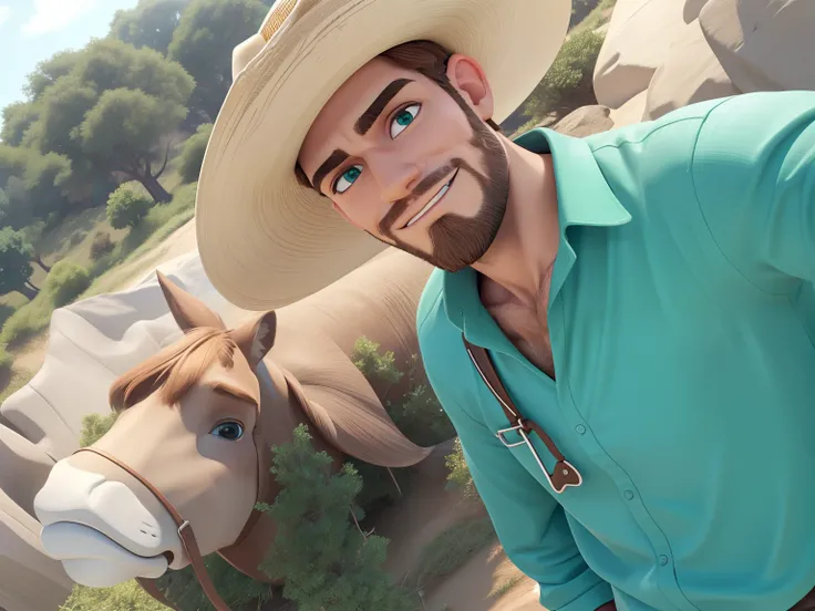 um homem de 25 anos, with brown hair and cowboy hat, olhos verdes claros, angular jaw, barba curta, corpo magro, bonito e bonito, Mature look and serious subtle smile, roupas casuais, tiro de close up |. desenhos animados 3d