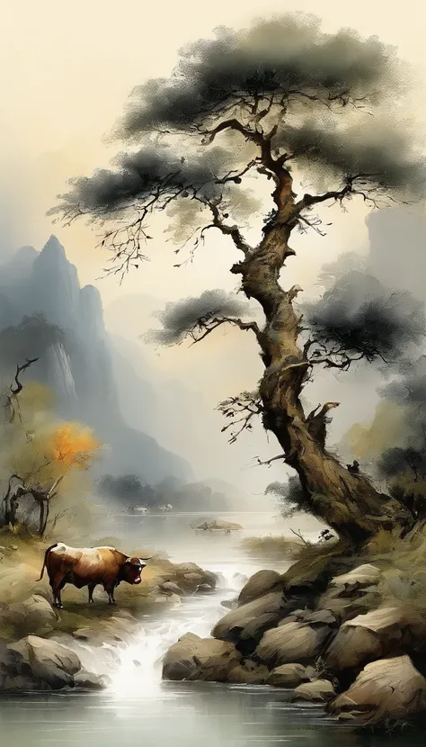 Chinese landscape painting，ink and watercolor painting，water ink，Inky，Smudge，Faraway view，Ultra-wide viewing angle，Meticulous，Schematic diagram of 5 cows，Five scalpers，River side，Small Stone Bridge，grassy fields，The tree，The view is the mountains，（8k wallp...