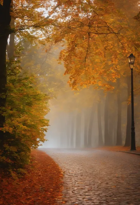 in einer nebligen Stadt, colorful autumn leaves on the street, ein Bild von Kuno Veeber, Gewinner des Pixabay-Wettbewerbs, Konzeptkunst, Im Regen , ((neblig)) und regnerisch,  Bild mit Schatten, in einer regnerischen Umgebung, Regenwetter, Rainy roads in t...