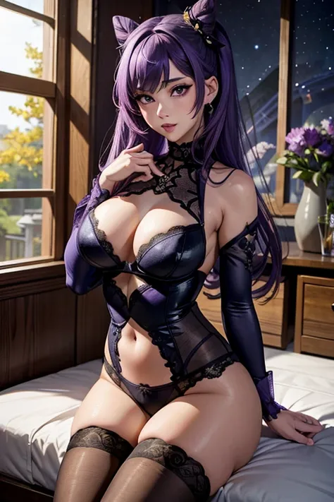 A girl, Keqing , Genshin Impact, blushing face , Purple lace bodysuit, Porte-jartelle violet, bas violet, purple lace stockings, Sexy Underwear, (Best quality:1.1), (Masterpiece:1.4), 1fille, (cheveux volumineux)+ , ((cheveux longs))++, cheveux longs , (Ye...