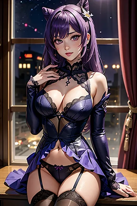 A girl, Keqing , Genshin Impact, blushing face , Purple lace bodysuit, Porte-jartelle violet, bas violet, purple lace stockings, Sexy Underwear, (Best quality:1.1), (Masterpiece:1.4), 1fille, (cheveux volumineux)+ , ((cheveux longs))++, cheveux longs , (Ye...