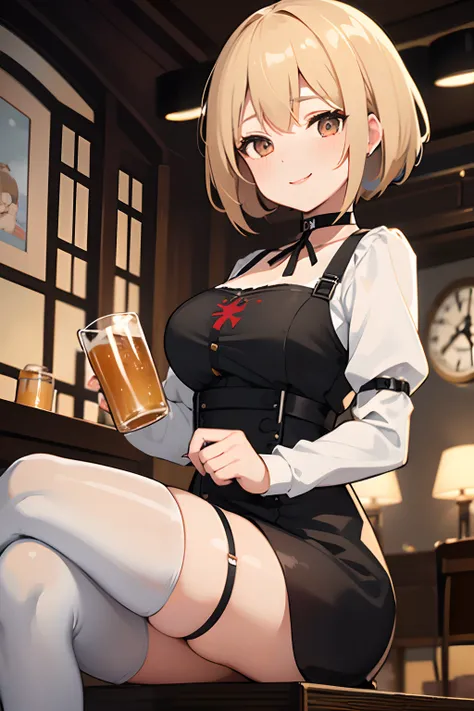 1girl, mp40 girls frontline, short blonde hair, parted bangs. light brown eyes, black and red traditional German Dirndl dress, white thigh highs, holding beer mugs, smile, Cafe Background, wedding ring on finger, black choker with German iron cross medal p...