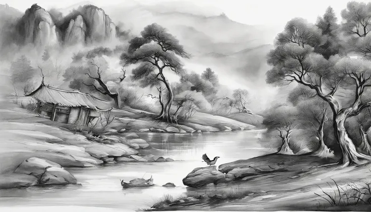 Dead vines，old trees，Woat，small bridges，flowingwater，Family，Road，zephyr，Skinny horse，Sunset，Broken intestines are at the end of the world，Black and white ink painting，Black and white gray，（Chinese landscape painting），（ink and watercolor painting），（8k wallp...