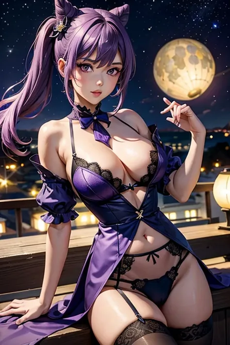 A girl, Keqing , Genshin Impact, blushing face , Purple panty, Porte-jartelle violet, bas violet, purple lace stockings, No Bra , hide boobs with hands (Best quality:1.1), (Masterpiece:1.4), 1fille, (cheveux volumineux)+ , ((cheveux longs))++, cheveux long...