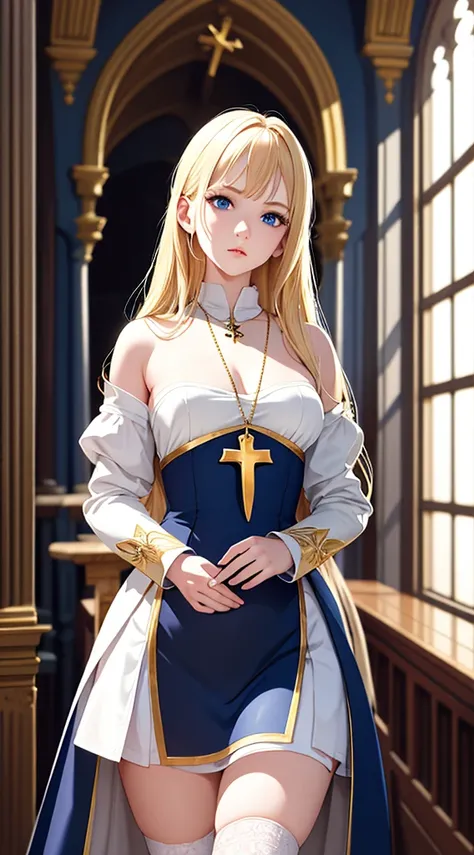 best detail，Works of masters，best qualtiy，Exquisite painting，Elements of medieval painting，1girll，standing in a church，a beauty girl，Blonde hair，blue color eyes，Ripe body，White religious clothes，With a cross necklace，white stockings，（An indifferent look）