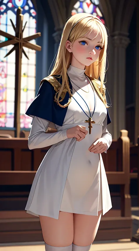 best detail，Works of masters，best qualtiy，Exquisite painting，Elements of medieval painting，1girll，standing in a church，a beauty girl，Blonde hair，blue color eyes，Ripe body，White religious clothes，With a cross necklace，white stockings，（An indifferent look）