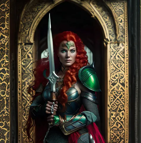 arafed woman with red hair and green armor holding a sword, redhead queen in heavy red armor, as a medieval fantasy character, portrait of mermaid warrior, ornate cosplay, fantasy character photo, triss merigold cosplay, elven warrior princess, portrait of...