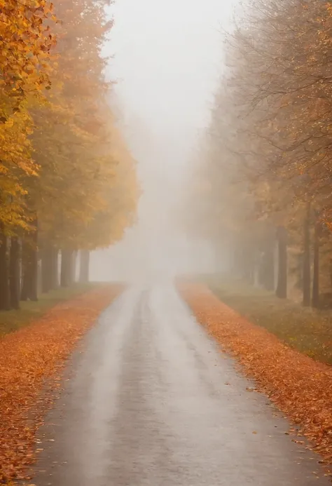 in einer nebligen Stadt, colorful autumn leaves on the street, ein Bild von Kuno Veeber, Gewinner des Pixabay-Wettbewerbs, Konzeptkunst, Im Regen , ((neblig)) und regnerisch,  Bild mit Schatten, in einer regnerischen Umgebung, Regenwetter, Rainy roads in t...