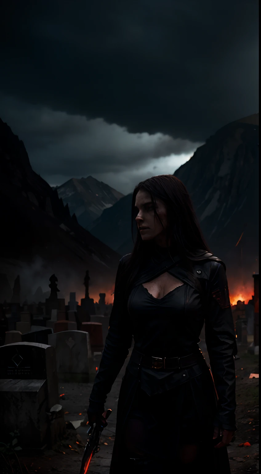 motivation, dark,evil, scifi style, female,red, darker, dark background, evil character, horror style, fighting dark pit, dead monsters ,walley of dead sun , dark, mountains, graveyard