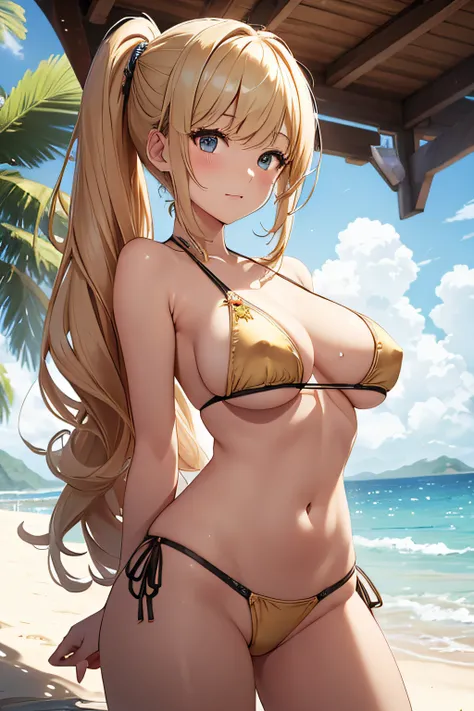 ​masterpiece、Background with（（sea side、sand beach））、15yo student、a beauty girl、Golden hair、huge tit、Detailed embroidery on the bikini、 Get on your knees、Open your crotch、perspiring、Hair wetness、Im putting my hair together、poneyTail