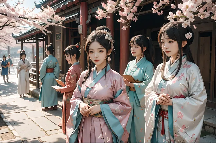 Ancient Chinese town, cherry blossom, close up of people walking wearing Tang dynasty hanfu, natural illuminated by sunlight, bright Spring day, highly detailed.