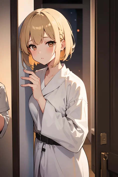 1girl, mp40 girls frontline, short blonde hair, parted bangs. light brown eyes, white nightshirt, grey dressing gown, dark bedroom, nightlight in background, leaning on doorframe, wedding ring on finger, wife, cozy atmosphere, warm atmosphere, 8k, masterpi...