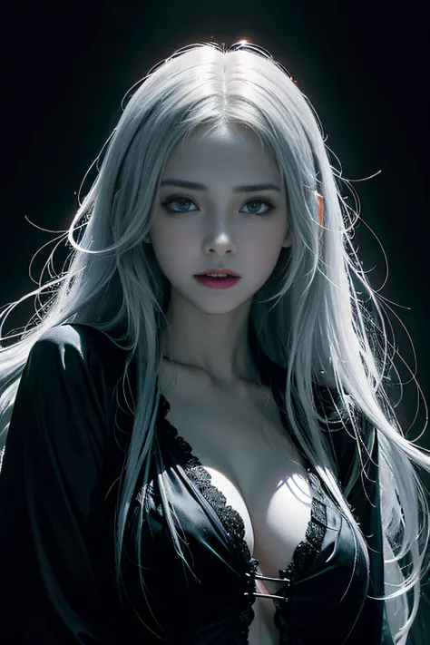 A caucasian female, ethereal beautiful vampire, mouth with large white fangs, beautiful lighting, masterpiece, horror, blood, gore, blue long hair, volumetric lighting, 4k, jinx & Vi from arcane, perfect composition, beautiful detailed intricate insanely d...