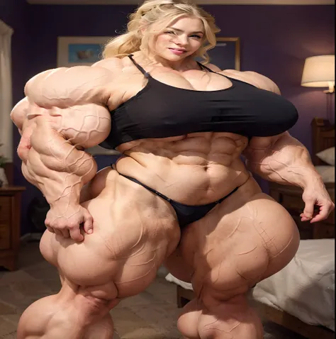 mulher enorme, (Abs: 2), ((blonde hair)), cabelo de rabo de cavalo, cabelos ondulados, roupas apertadas, Big biceps, large triceps, grandes deltoides, Large trapezoid, quadriciclos grandes, fisiculturista, curved eyelids, sobrancelhas curvas, delineador, P...