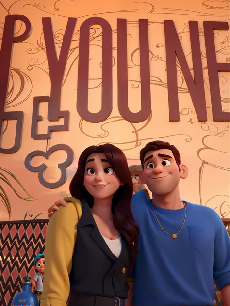 casal homem e mulher no estilo Disney Pixar, alta qualidade, melhor qualidade com por do sol ao fundo