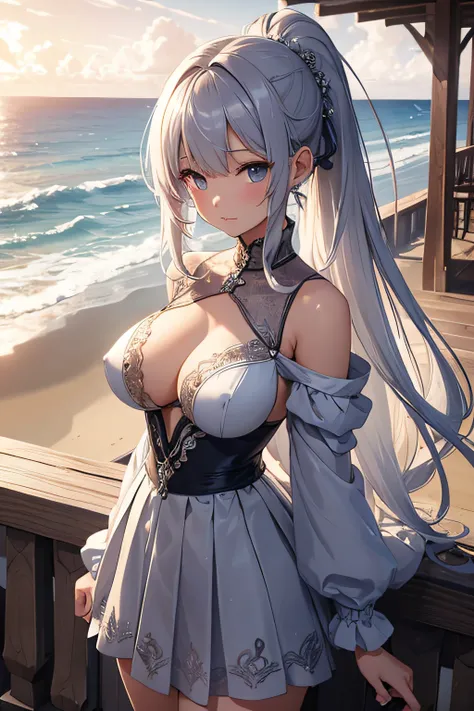 ​masterpiece、Background with（（sea side、sand beach））、15yo student、a beauty girl、Silvery hair、huge tit、Embroidery with attention to detail in the dress、skirt by the、perspiring、Hair wetness、Bunching hair、poneyTail