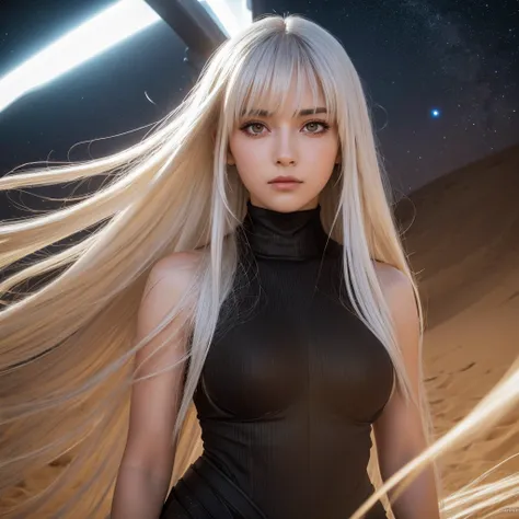 absurderes ,masutepiece, corporate offices, 4K, nffsw, Best Quality, One girl in the center screen with beautiful face, white_hair. (Black costume:1.2),profound darkness, Bangs, breasts, eyebrows_Visible_through_hair, hair_ornament detached, light_Particle...