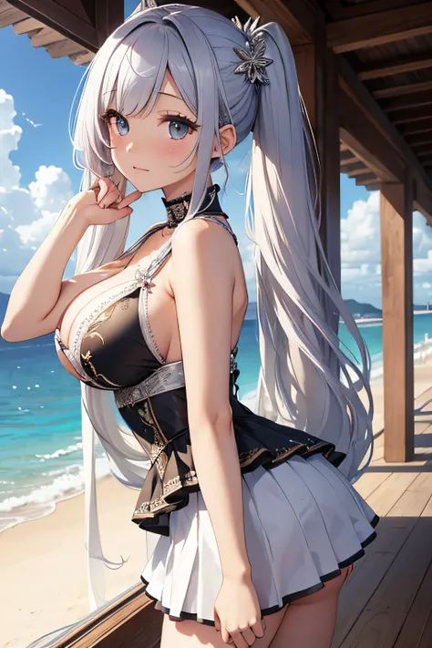 ​masterpiece、Background with（（sea side、sand beach））、15yo student、a beauty girl、Silvery hair、huge tit、Embroidery with attention to detail in the dress、skirt by the、perspiring、Hair wetness、Bunching hair、poneyTail