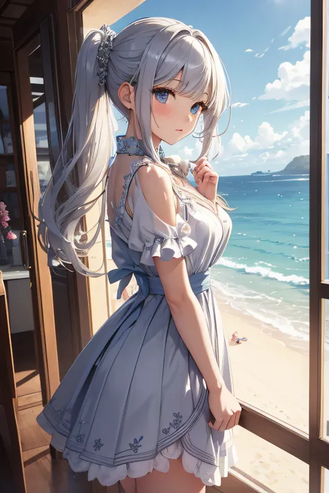 ​masterpiece、Background with（（sea side、sand beach））、15yo student、a beauty girl、Silvery hair、Embroidery with attention to detail in the dress、skirt by the、perspiring、Hair wetness、Bunching hair、poneyTail