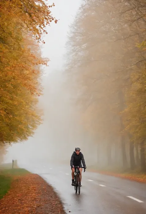 (Junge Frau auf Fahrrad im Nebel, Ansicht von hinten)(Fahrrad von hinten, Ansicht von hinten), pretty young woman Cyclist in dense fog and covered with fog, colorful autumn leaves on the street, ein Bild von Kuno Veeber, Gewinner des Pixabay-Wettbewerbs, K...