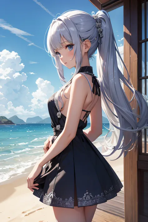 ​masterpiece、Background with（（sea side、sand beach））、15yo student、a beauty girl、Silvery hair、Embroidery with attention to detail in the dress、skirt by the、perspiring、Hair wetness、Bunching hair、poneyTail