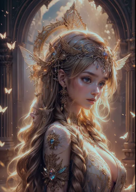 flower spirit,small,butterfly wing,girl,(best quality,4k,8k,highres,masterpiece:1.2),ultra-detailed,(realistic,photorealistic,photo-realistic:1.37),ethereal,soft colors,glowing light,enchanted forest,magical atmosphere,nature background,delicate petals,vib...