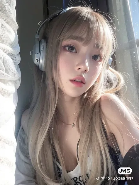 arafed woman with headphones on sitting in a window, lalisa manobal, roseanne park of blackpink, lalisa manoban of blackpink, jaeyeon nam, jossi of blackpink, jinyoung shin, kim doyoung, ulzzang, with white long hair, heonhwa choe, jia, with long white hai...