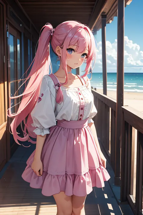 ​masterpiece、Background with（（sea side、sand beach））、15yo student、a beauty girl、Pink hair、Embroidery with attention to detail in the dress、skirt by the、perspiring、Hair wetness、Bunching hair、poneyTail