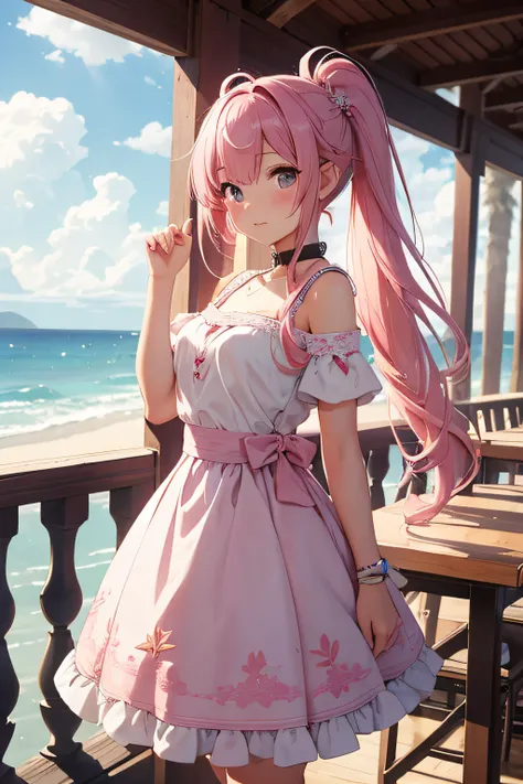 ​masterpiece、Background with（（sea side、sand beach））、15yo student、a beauty girl、Pink hair、Embroidery with attention to detail in the dress、skirt by the、perspiring、Hair wetness、Bunching hair、poneyTail