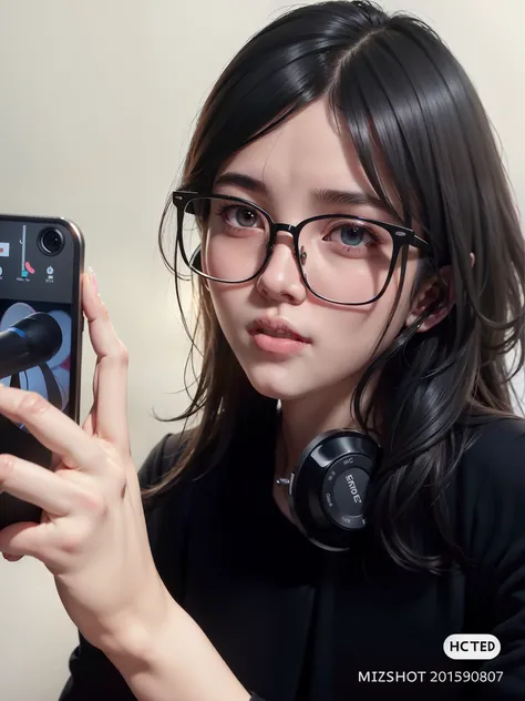 there is a woman taking a selfie with her cell phone, With eye Glasses, wearing thin large round glasses, with square glasses, wearing square glasses, Ulzzang, Fotografia selfie 8k, Jaeyeon Nam, selfie de uma jovem mulher, wearing small round glasses, Heon...