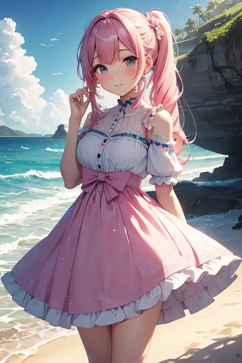 ​masterpiece、Background with（（sea side、sand beach））、15yo student、a beauty girl、Pink hair、Embroidery with attention to detail in the dress、skirt by the、perspiring、Hair wetness、Bunching hair、poneyTail