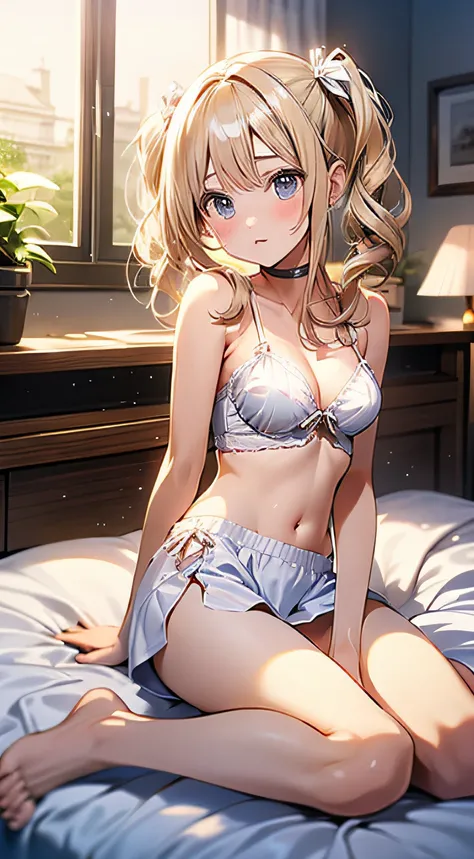 in 8K、top-quality、​masterpiece、ultra-detailliert、Ultra-high resolution、((1 persons))、girl with、a blond、Twin-tailed、Medium chest、(((on the beds)))、White transparent underwear